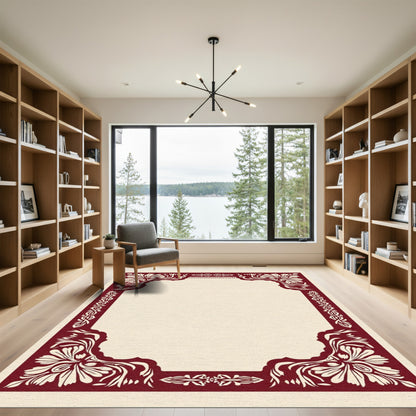 Crimson Floral Scrollwork Frame Rug