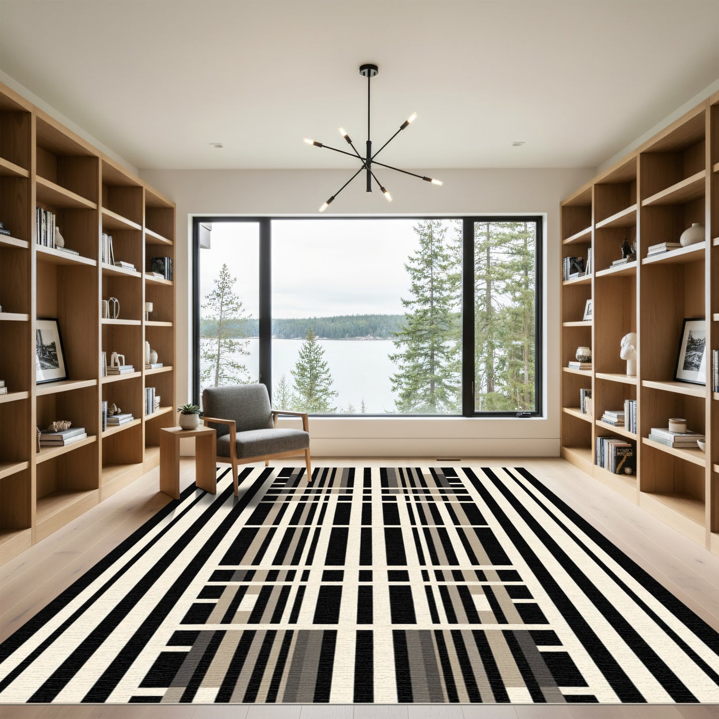 Modern Black Beige Grid Stripe Rug