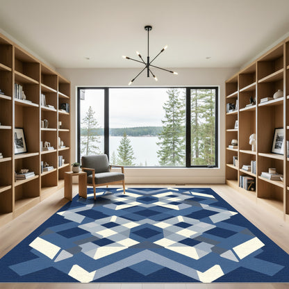 Deep Blue Geometric Interlocking Shapes Rug