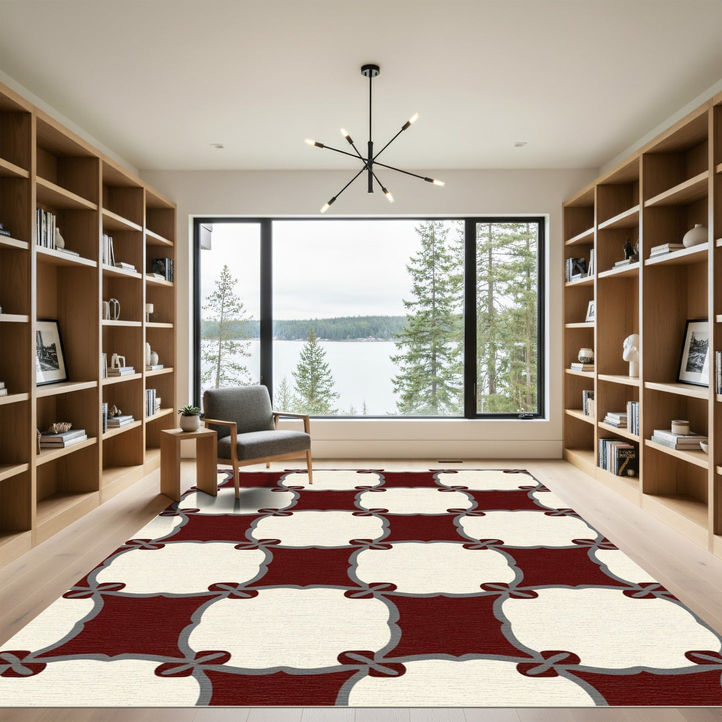 Deep Crimson and Cream Interlocking Squares Rug