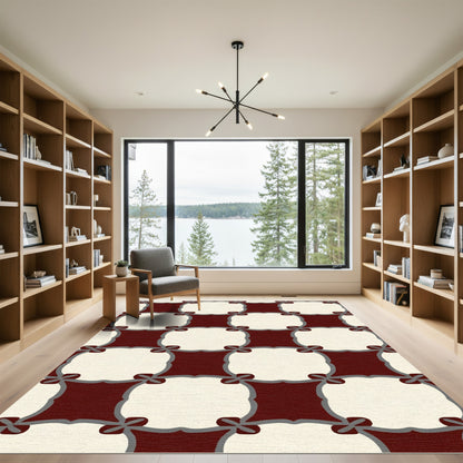 Deep Crimson and Cream Interlocking Squares Rug