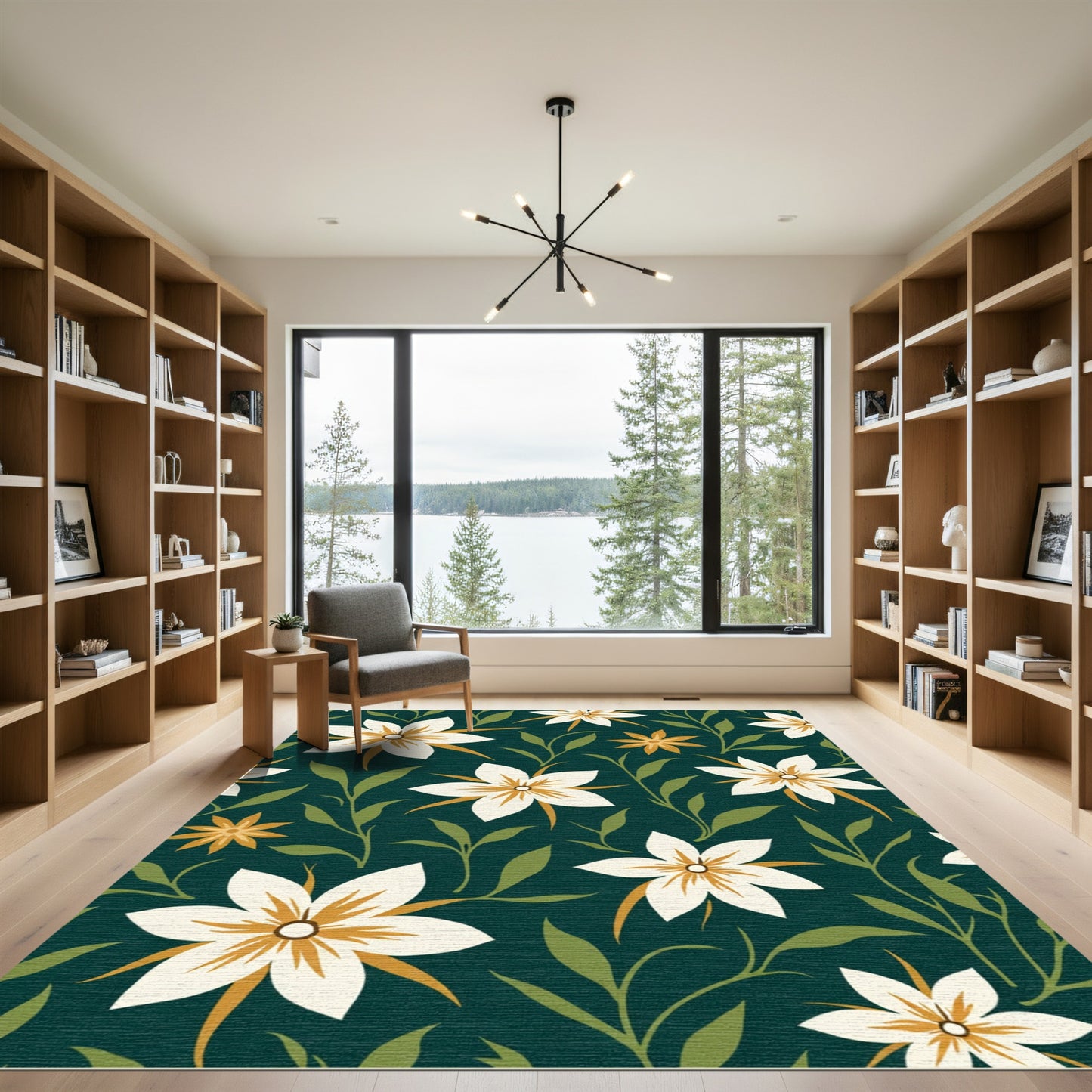 Dark Teal White Floral Botanical Branches Rug