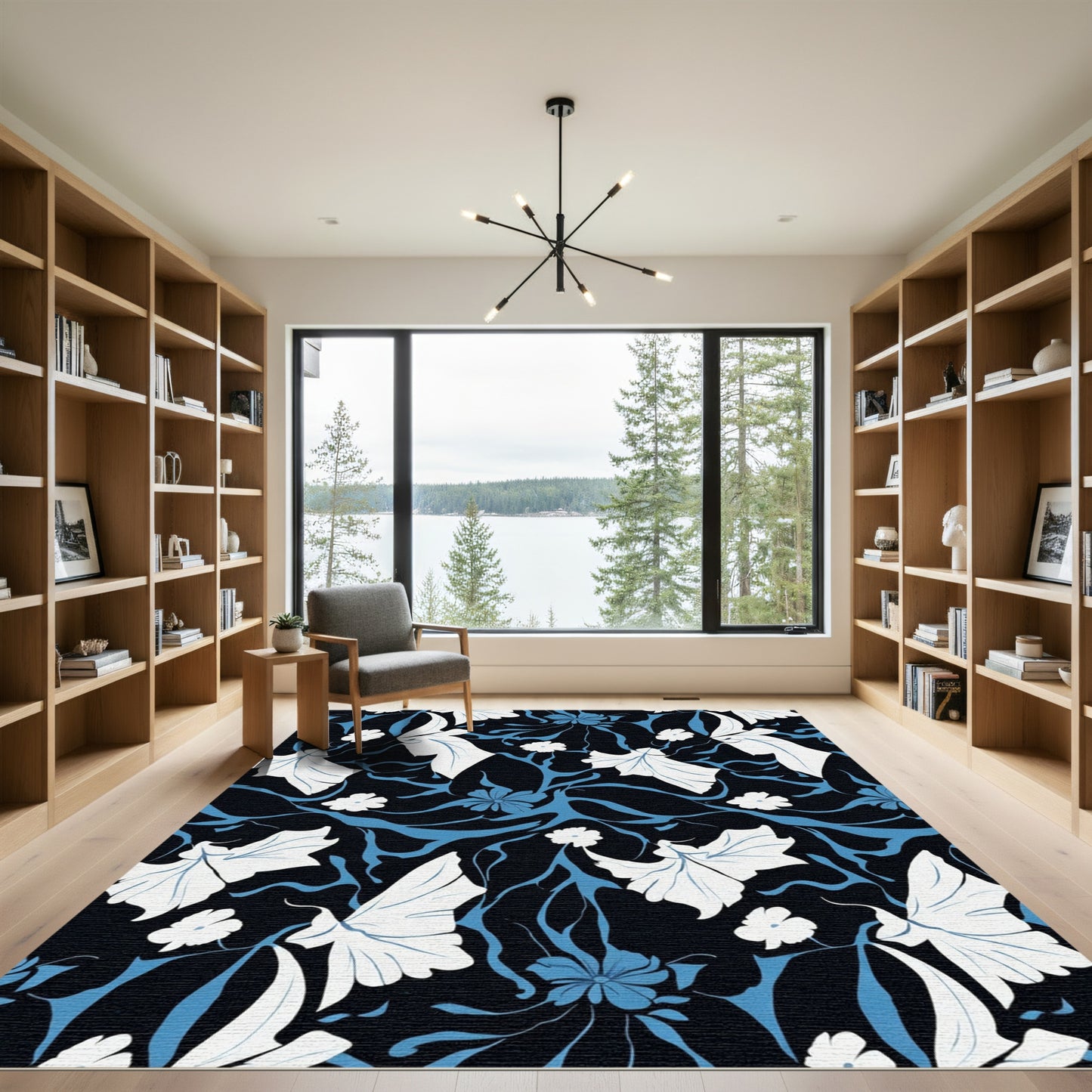 Navy Blue White Floral Swirl Rug