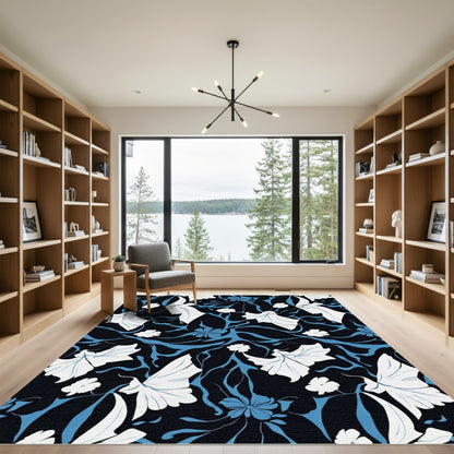 Navy Blue White Floral Swirl Rug