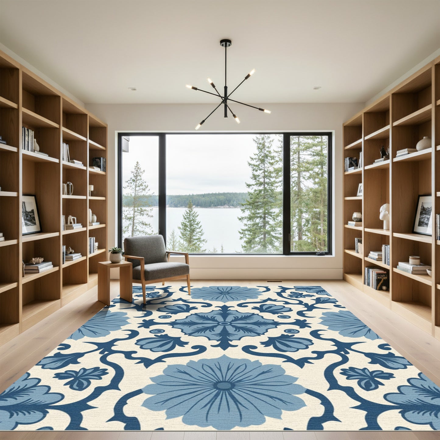 Blue Floral Medallion Vine Arrangement Rug