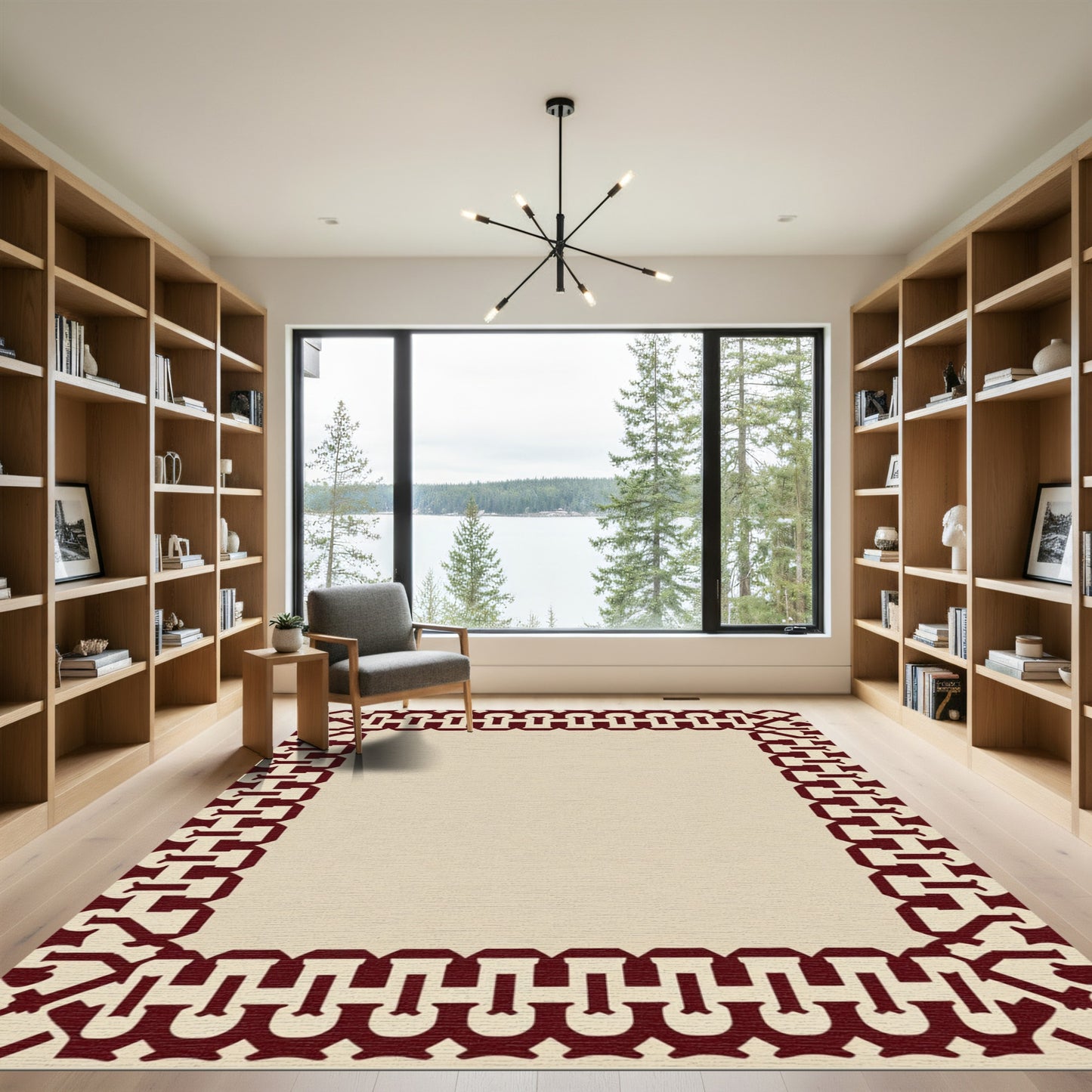 Deep Red Interlocking Chain Border Rug