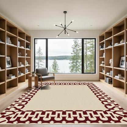 Deep Red Interlocking Chain Border Rug
