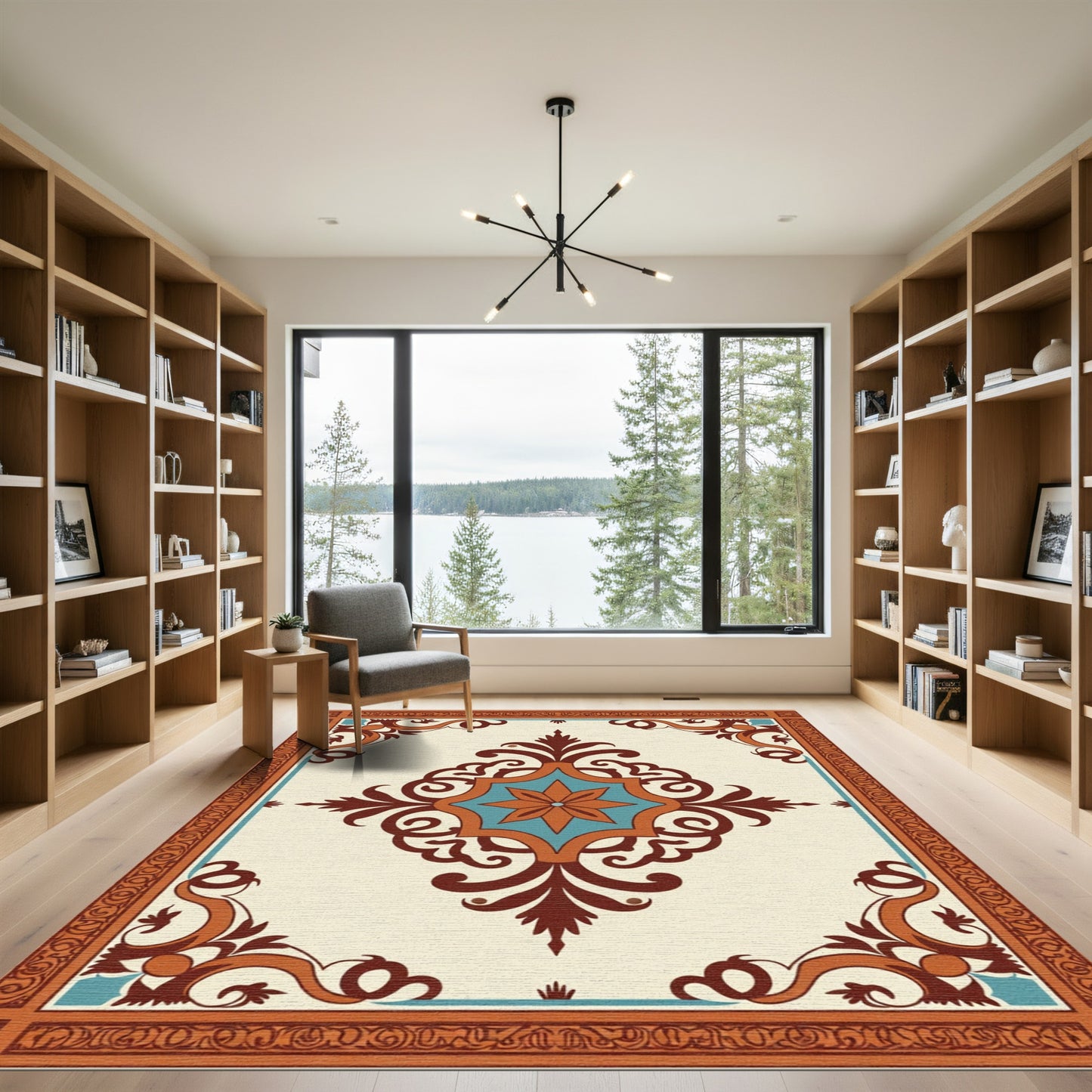 Brown Teal Floral Medallion Cream Rug