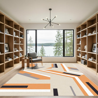 Geometric Abstract Orange Gray Stripe Rug