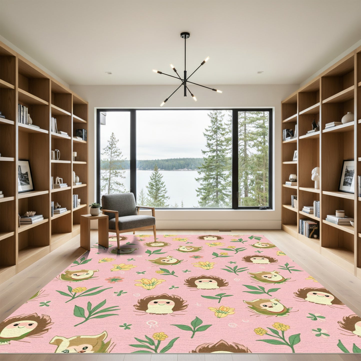 Whimsical Woodland Creatures Floral Pattern Rug