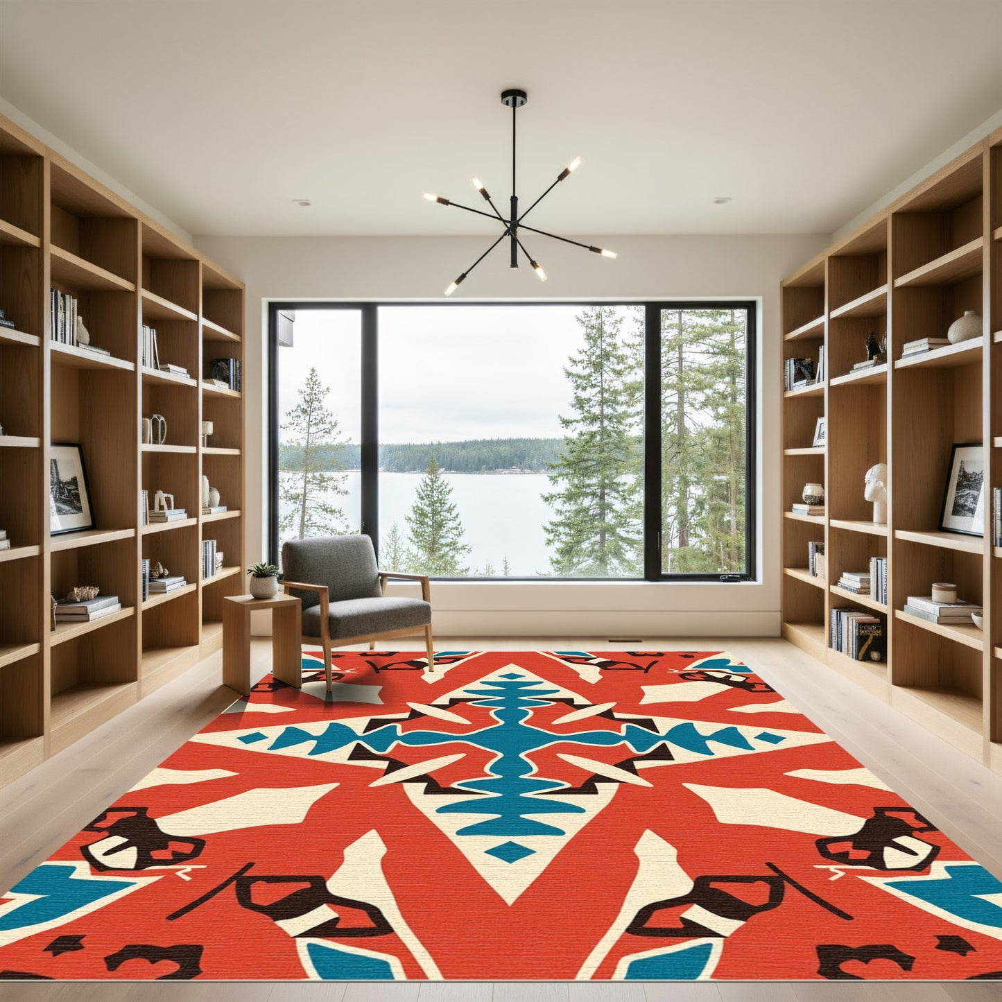 Red Blue Cream Geometric Medallion Rug