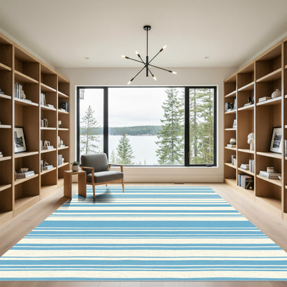 Seaside Blue Cream Horizontal Stripes Rug