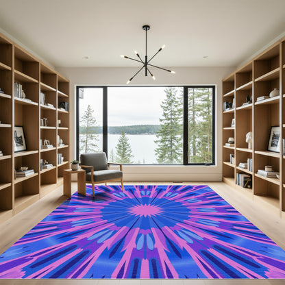Radiant Blue Pink Sunburst Mandala Rug