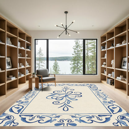 Traditional Blue Floral Center Medallion Rug