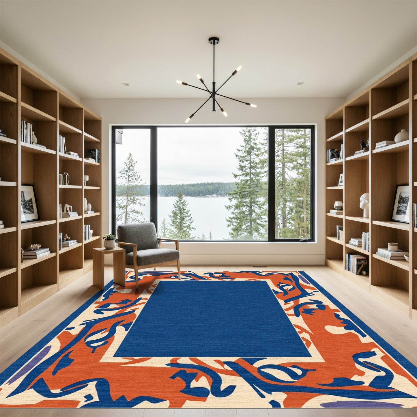 Abstract Orange Blue Swirl Border Rug