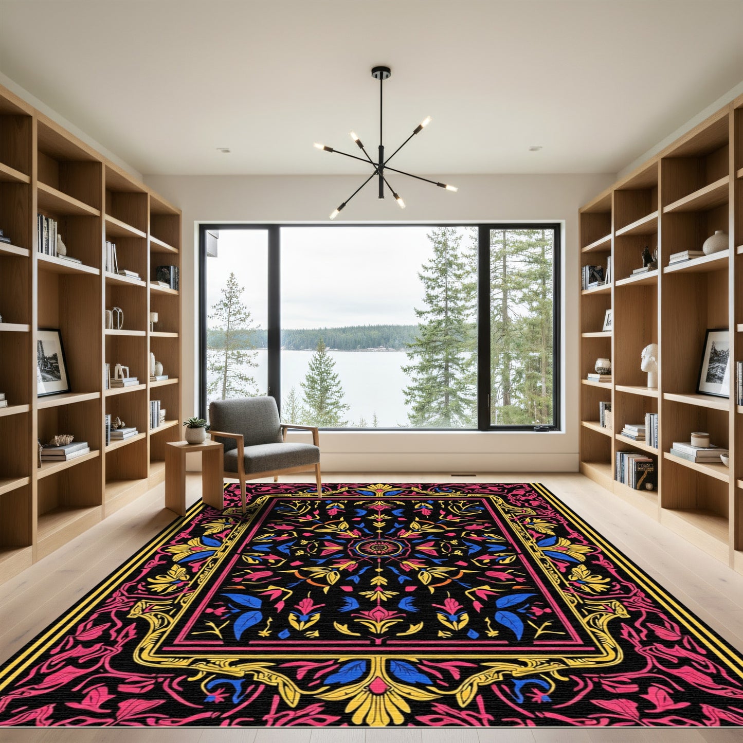 Vibrant Floral Medallion Black Rug