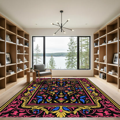 Vibrant Floral Medallion Black Rug