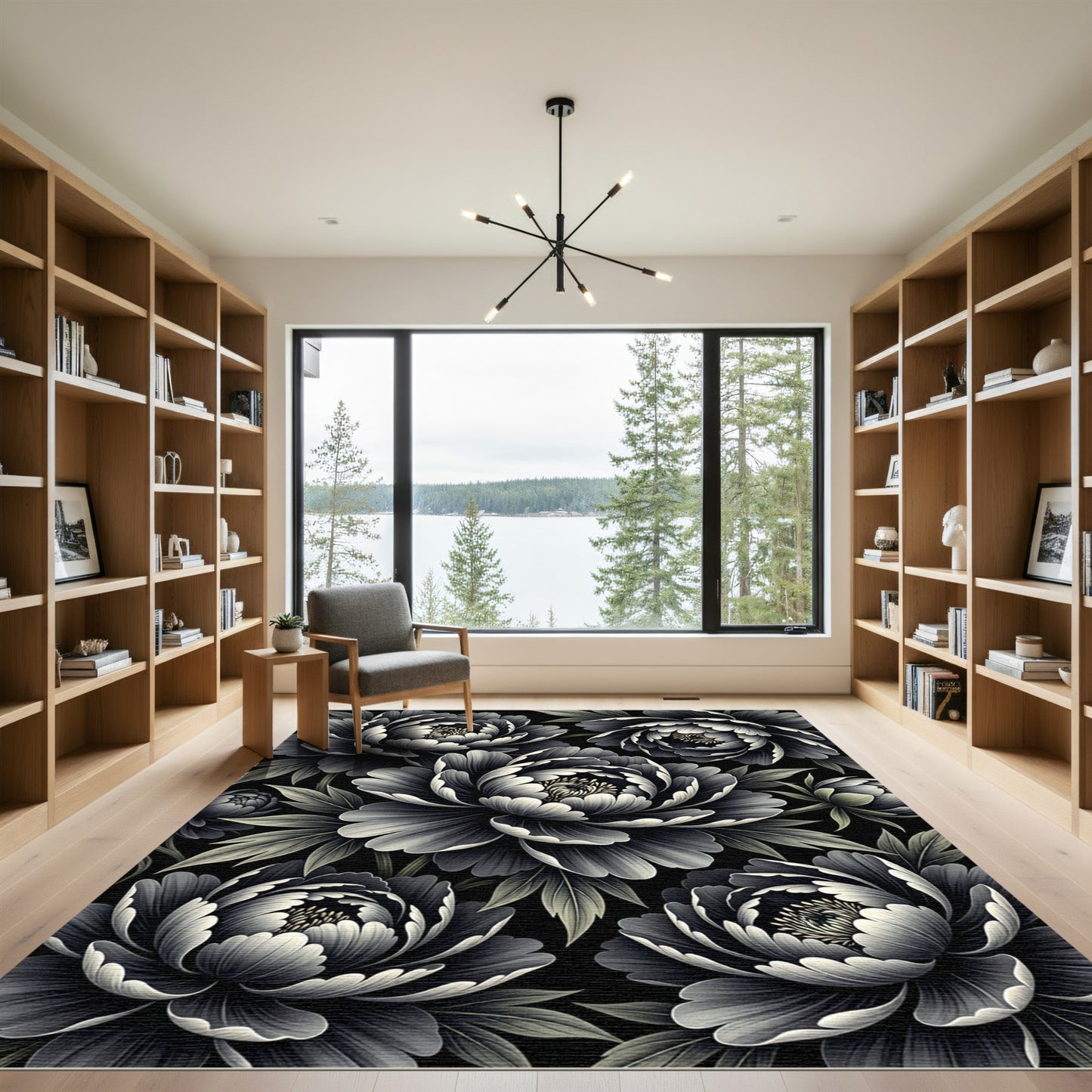 Monochrome Peony Bloom Garden Rug