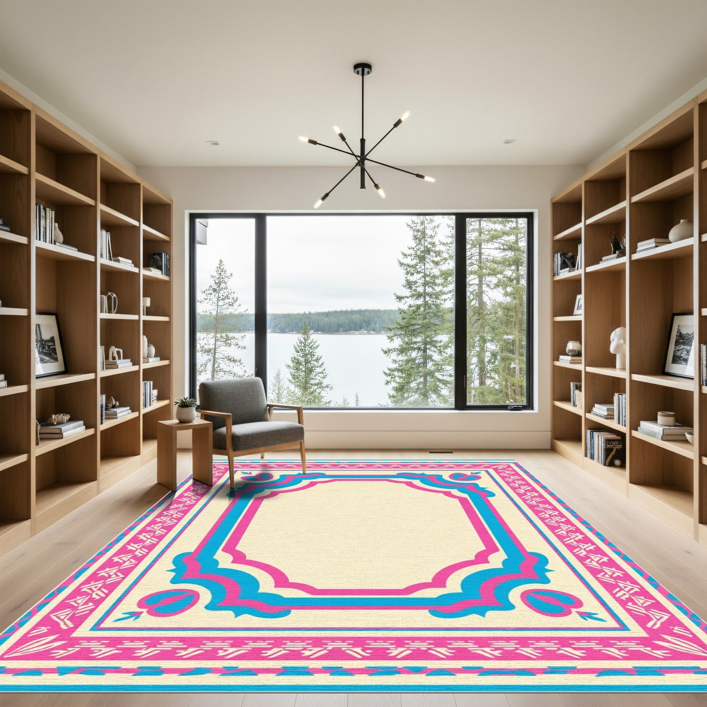 Pink Blue Ivory Geometric Border Rug
