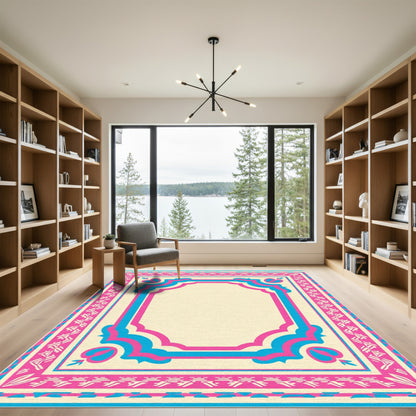 Pink Blue Ivory Geometric Border Rug