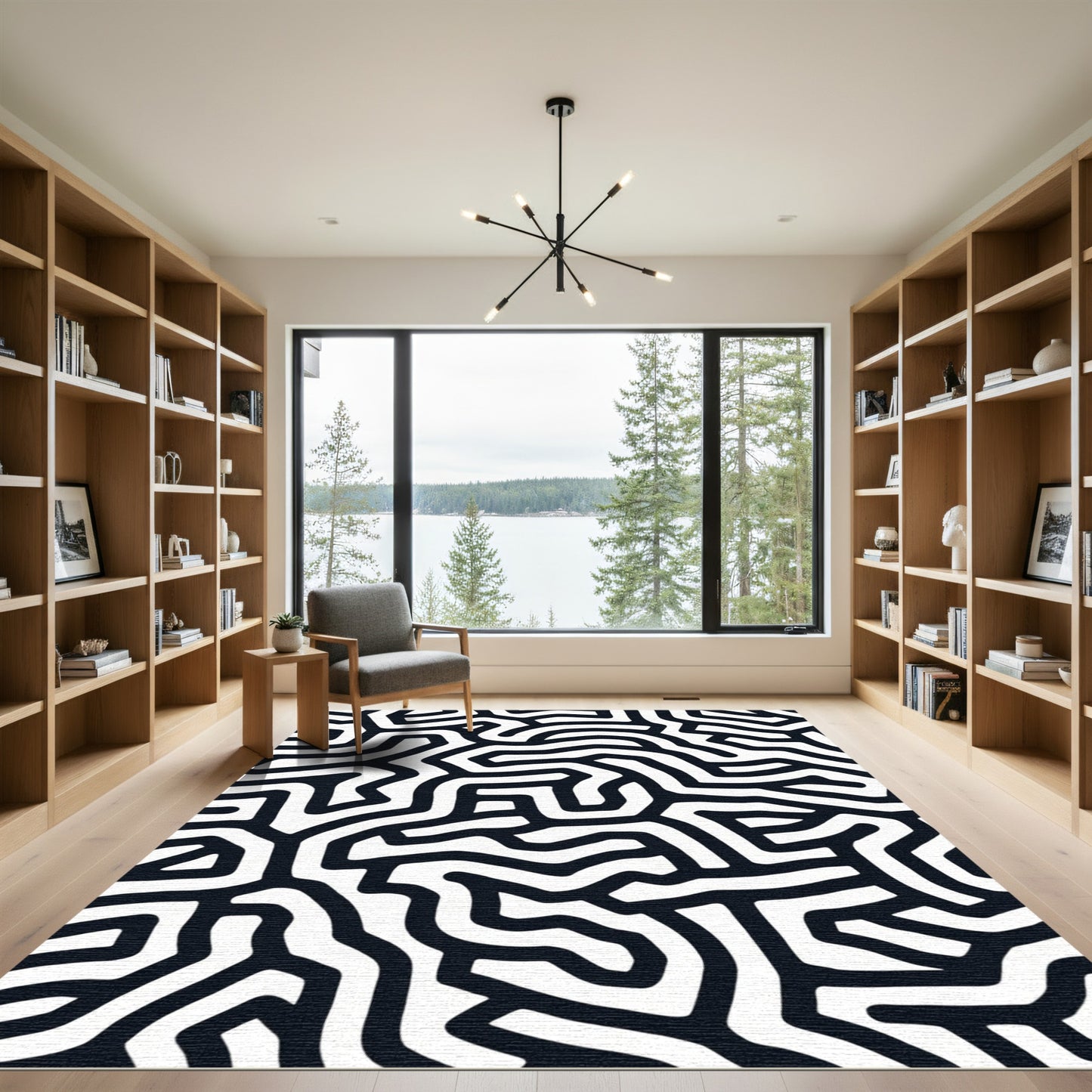 Black White Abstract Maze Rug