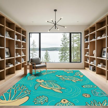 Coastal Turquoise Sea Turtle Swirls Rug