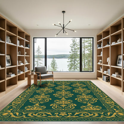 Emerald Gold Damask Scroll Border Rug