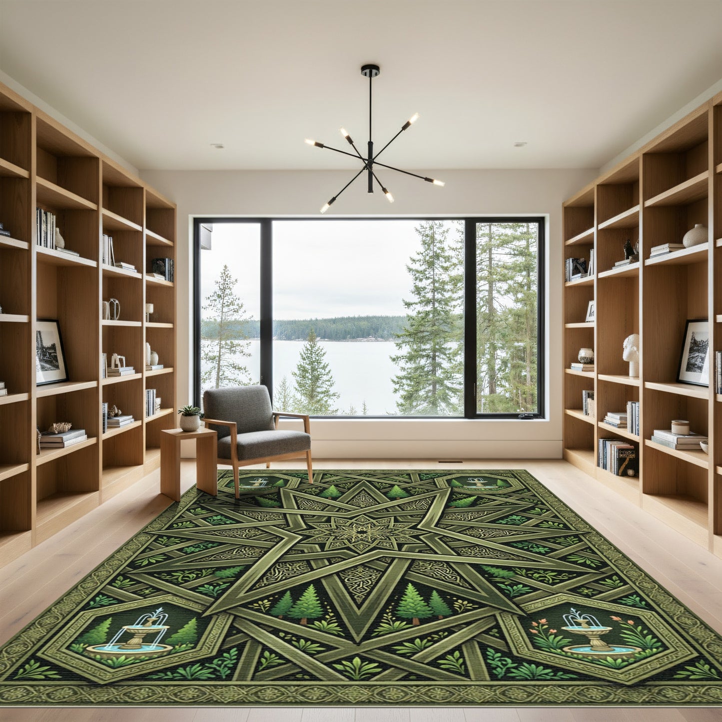 Olive Green Star Fountain Garden Medallion Rug
