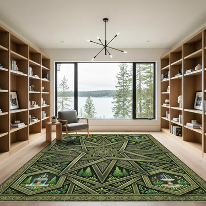 Olive Green Star Fountain Garden Medallion Rug