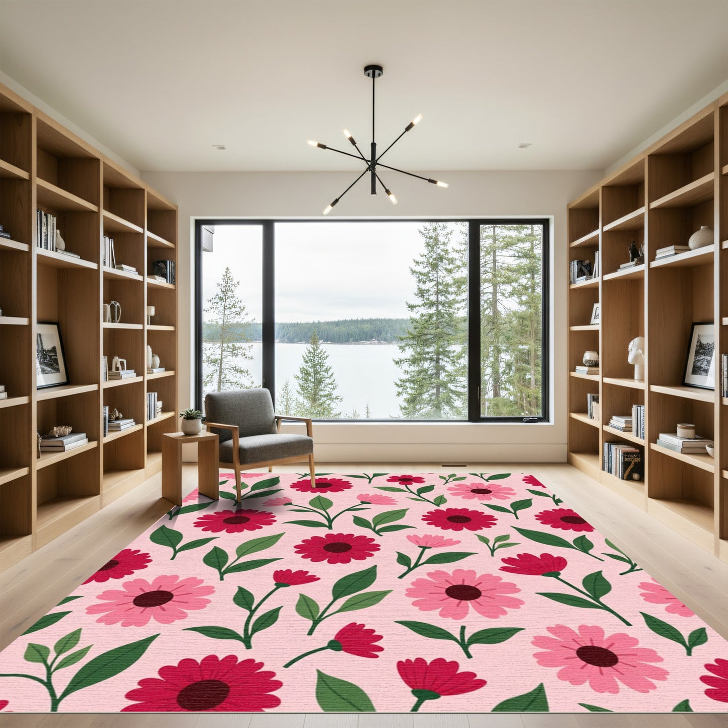 Crimson Pink Floral Foliage Pattern Rug