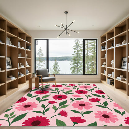 Crimson Pink Floral Foliage Pattern Rug