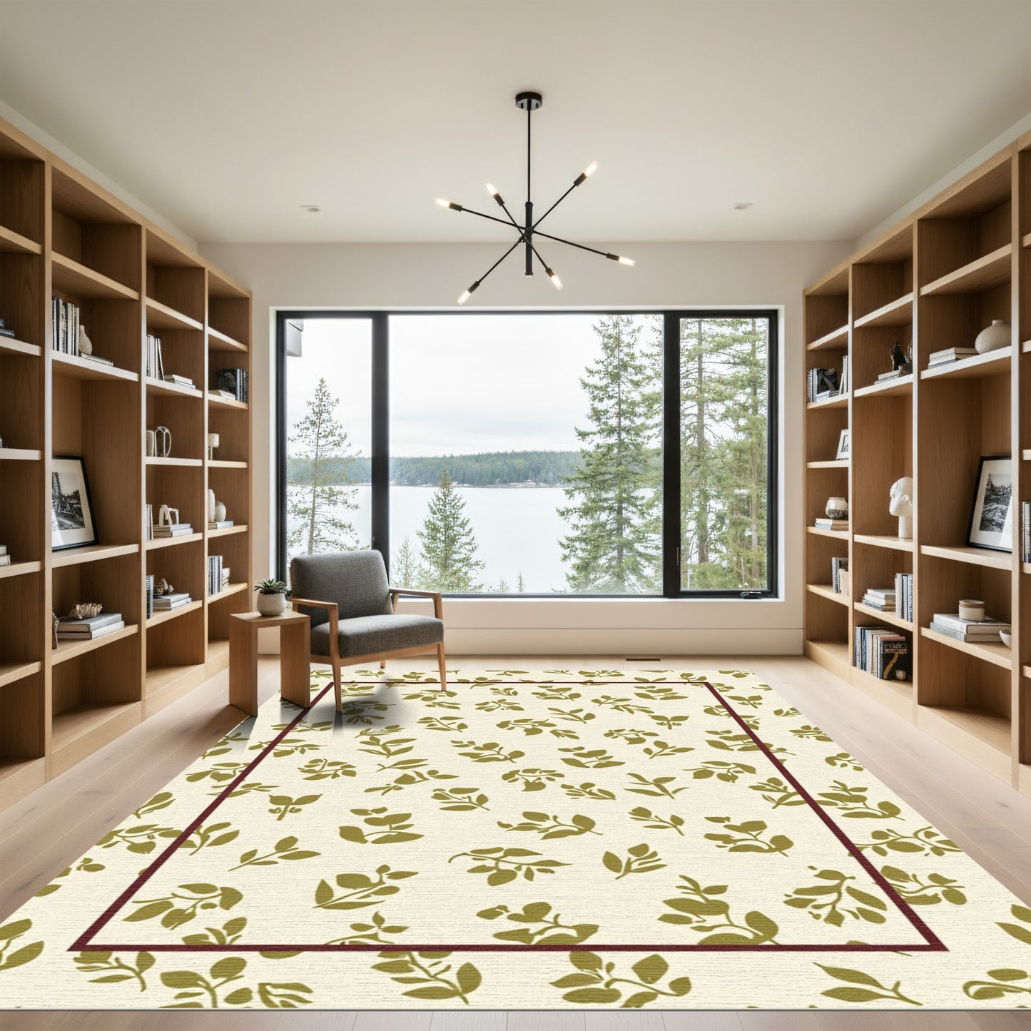 Khaki Leaf Scatter Border Rug