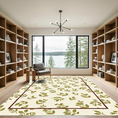 Khaki Leaf Scatter Border Rug