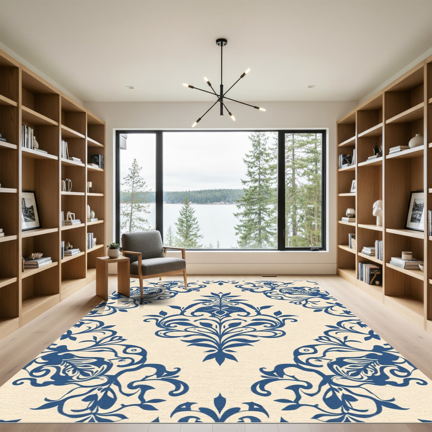Elegant Blue Floral Damask Runner Rug