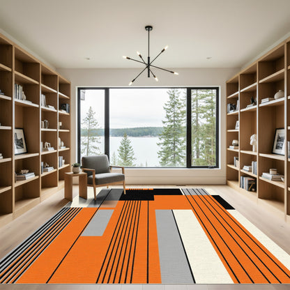 Orange Black Geometric Blocks Stripes Rug