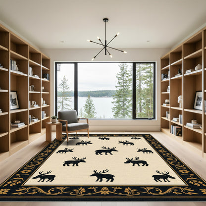 Black Reindeer Cream Border Rug