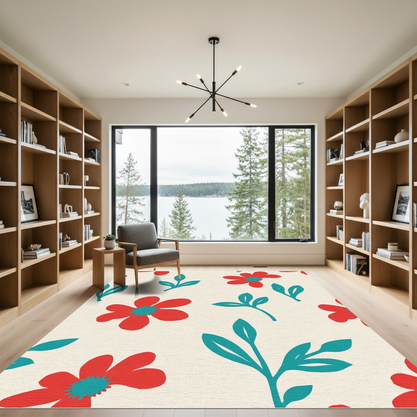 Red Floral And Teal Leaf Arrangement Rug