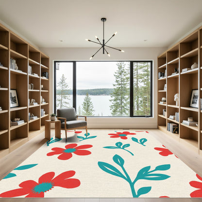 Red Floral And Teal Leaf Arrangement Rug