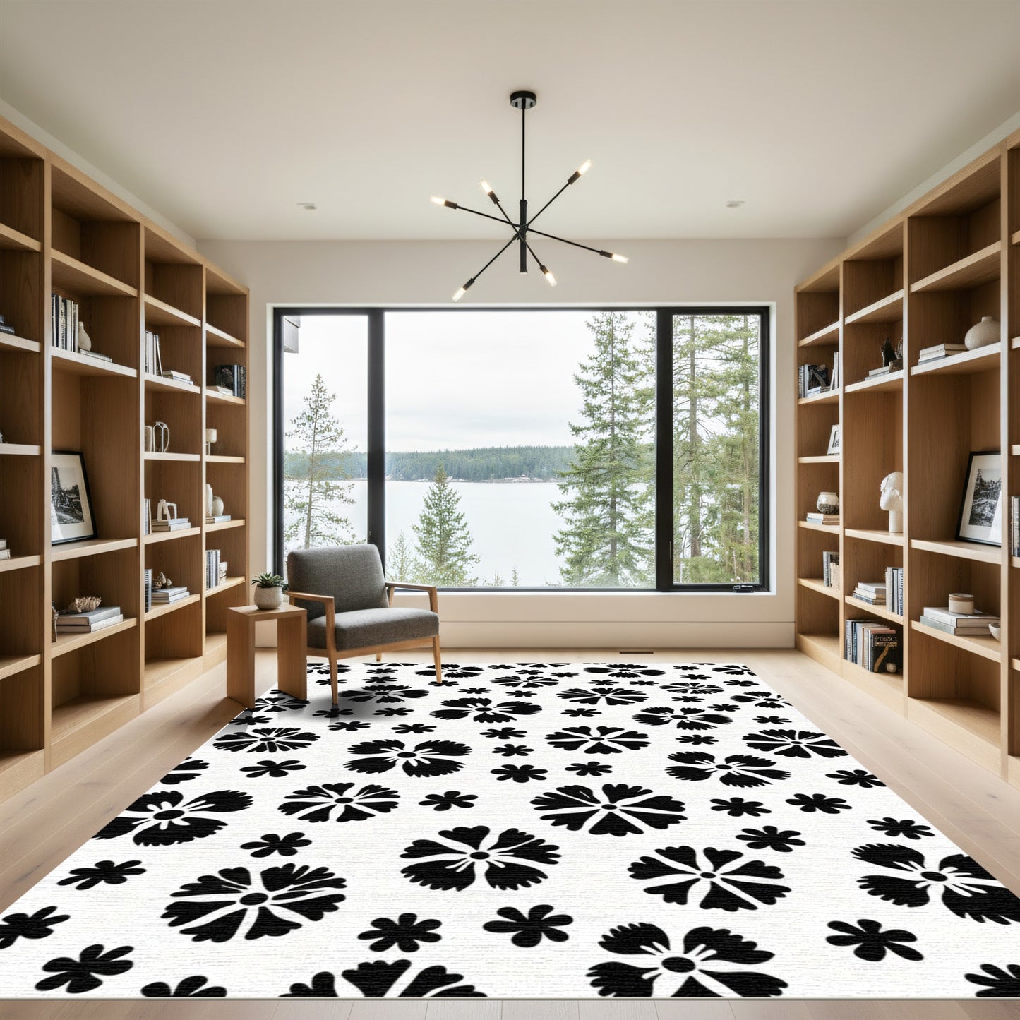 Black White Floral Dispersion Rug