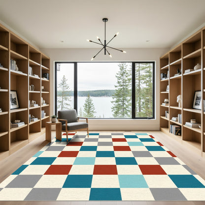 Vibrant Red Blue Gray Checkerboard Rug