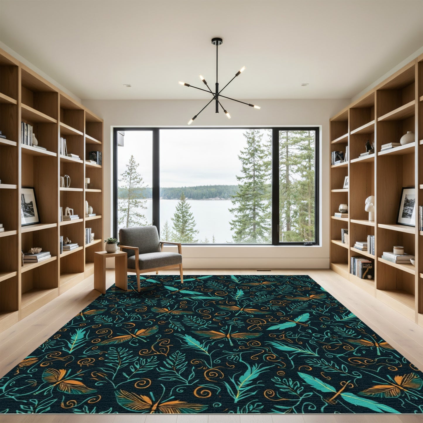 Dark Teal Orange Dragonfly Botanical Swirls Rug