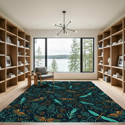 Dark Teal Orange Dragonfly Botanical Swirls Rug