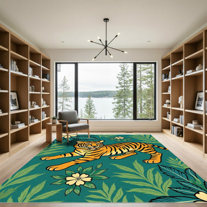 Bold Tiger Floral Teal Wildlife Rug