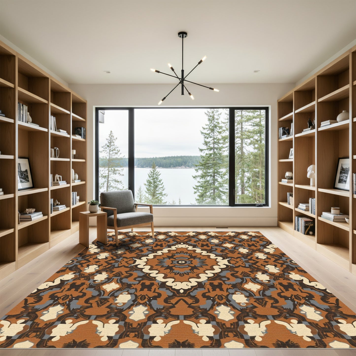 Earthy Brown Floral Medallion Artwork Rug