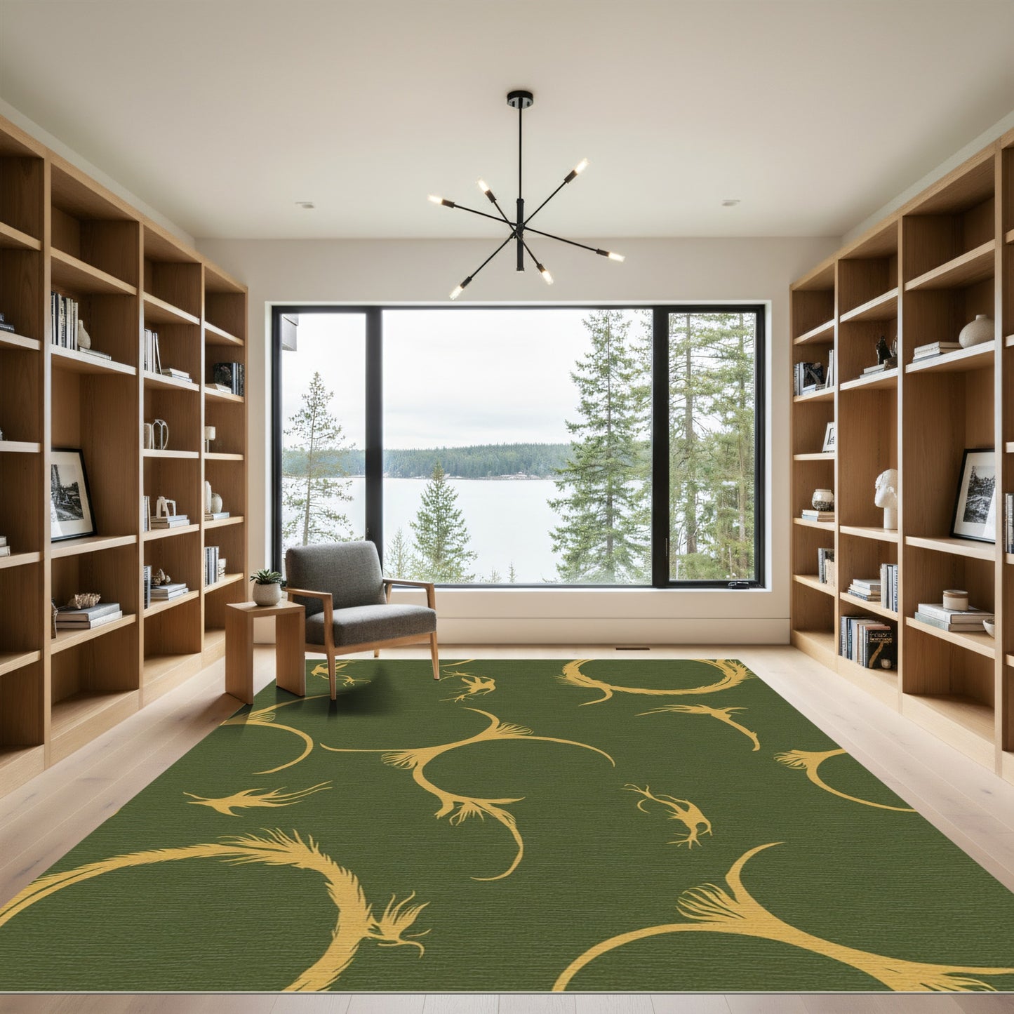 Golden Organic Swirls on Olive Background Rug