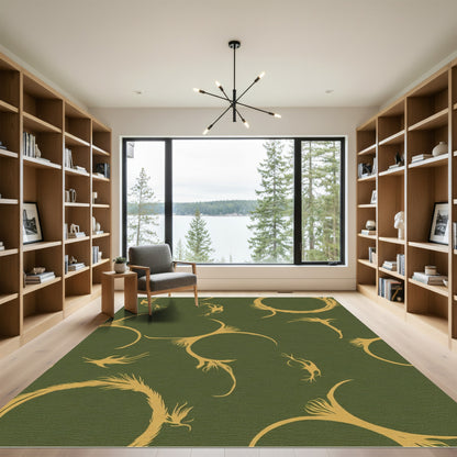 Golden Organic Swirls on Olive Background Rug