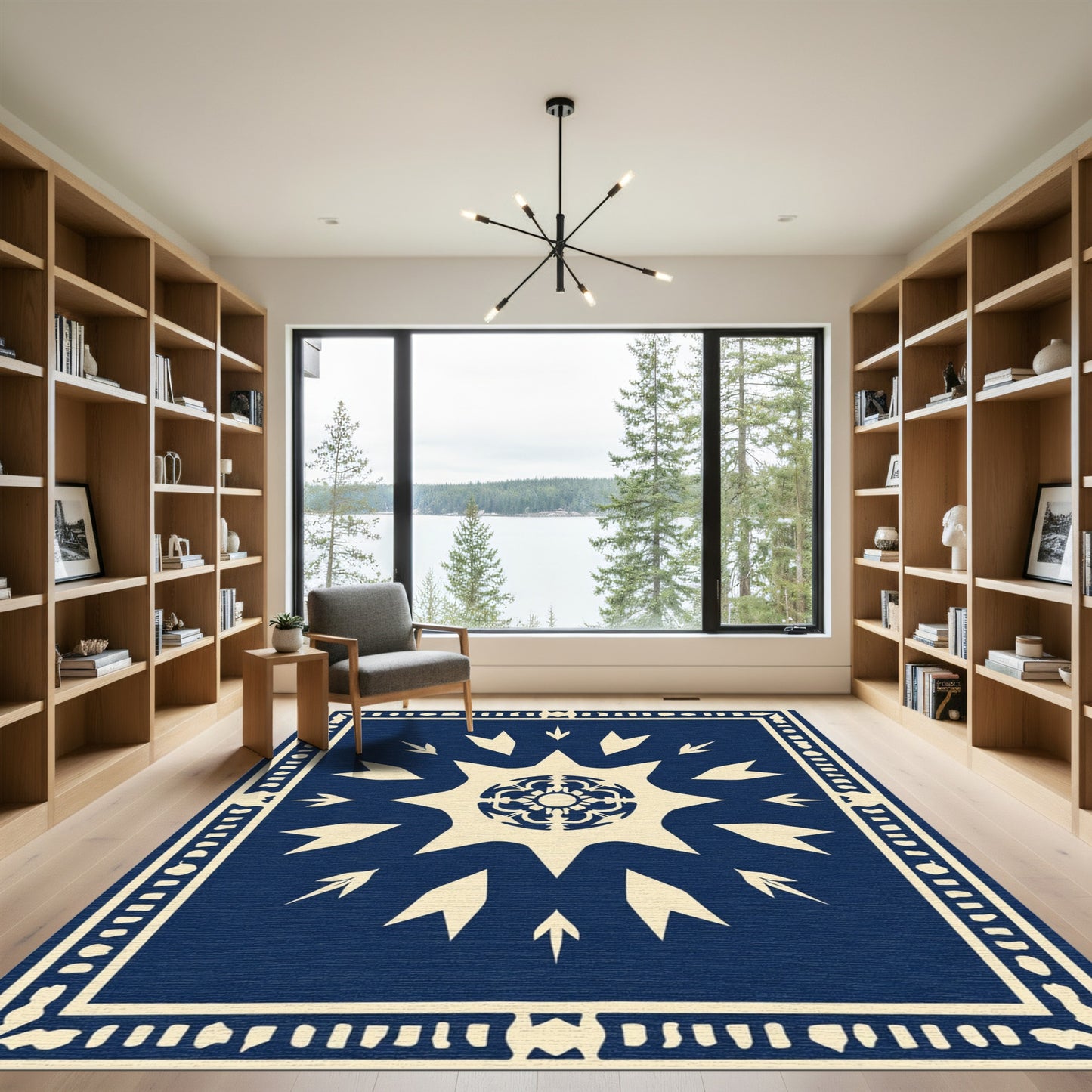 Deep Blue Cream Starburst Medallion Rug