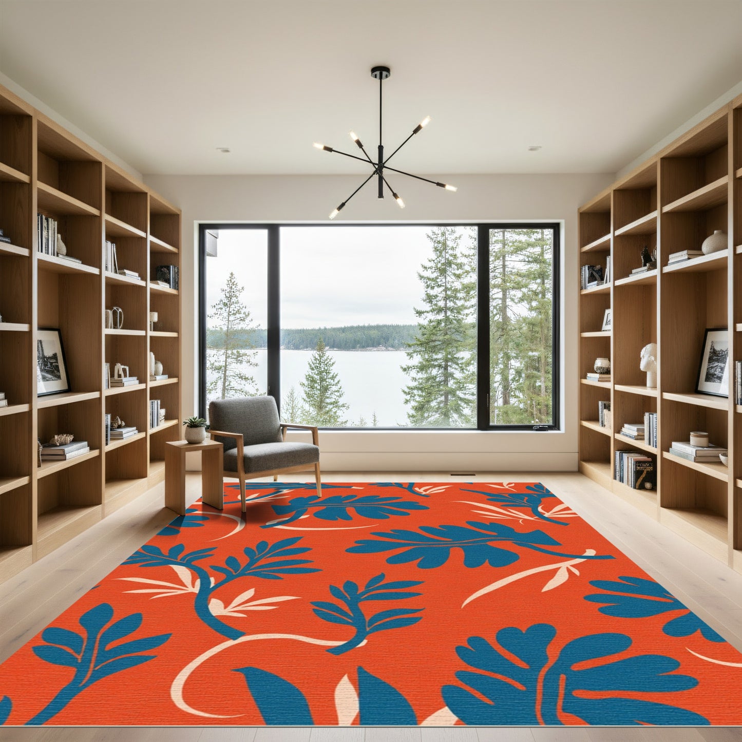 Vibrant Teal Leaf Scroll Orange Rug