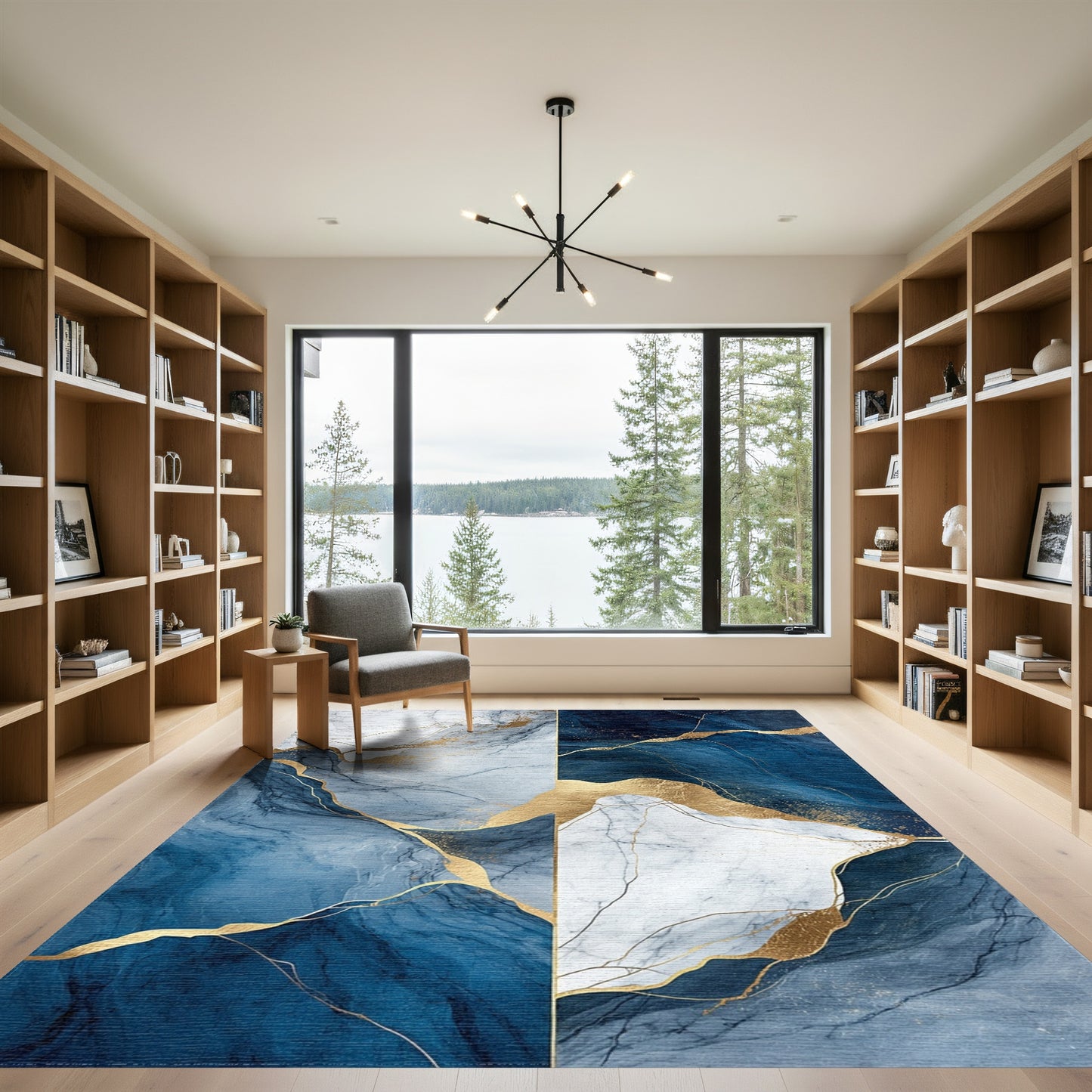 Navy White Gold Veined Marble Rug