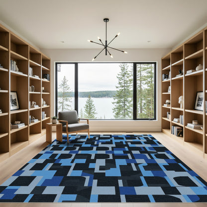 Mid-Century Modern Blue Geometric Abstraction Rug